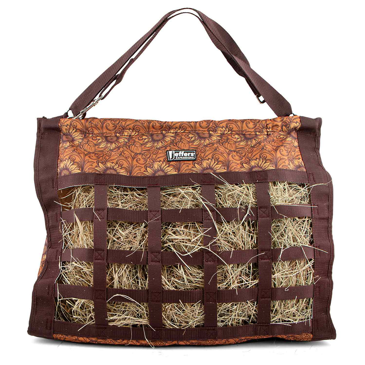 Jeffers Expression Extend-Feed Hay Bag, brown floral top with hay-filled grid sides and sturdy straps