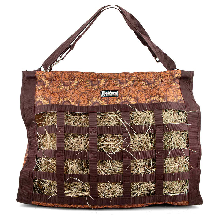 Jeffers Expression Extend-Feed Hay Bag, brown floral top with hay-filled grid sides and sturdy straps