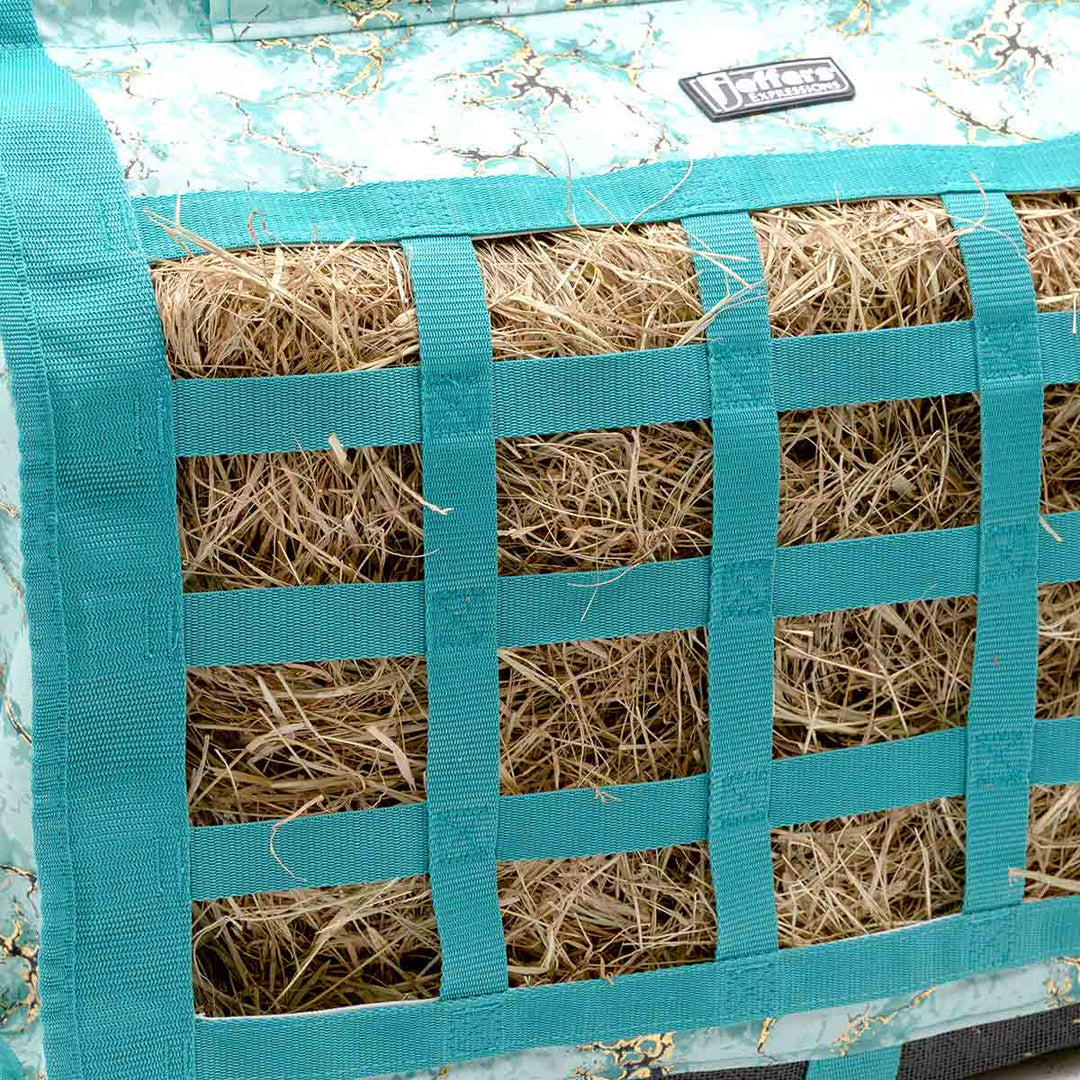 Jeffers Expression Extend-Feed Hay Bag for Horses &amp; Livestock, teal webbed grid filled with hay