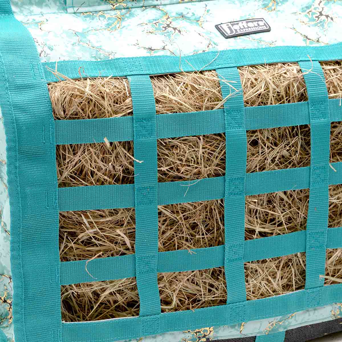 Jeffers Expression Extend-Feed Hay Bag for Horses & Livestock, teal webbed grid filled with hay