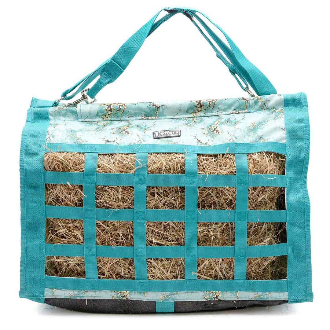 Jeffers Expression Extend-Feed Hay Bag for horses &amp; livestock, turquoise fabric with grid openings.