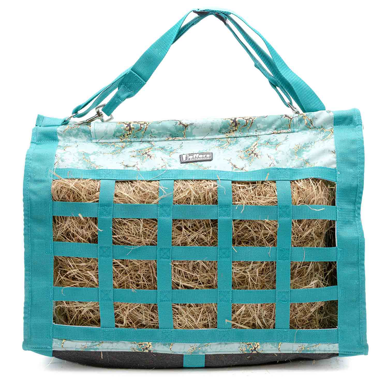 Jeffers Expression Extend-Feed Hay Bag for horses & livestock, turquoise fabric with grid openings.