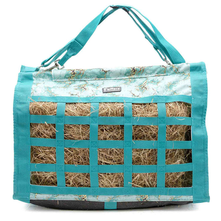 Jeffers Expression Extend-Feed Hay Bag for horses &amp; livestock, turquoise fabric with grid openings.