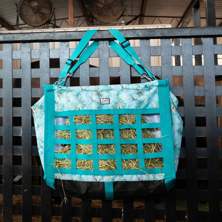 Jeffers Expression Extend-Feed Hay Bag for horses and livestock, teal lattice design