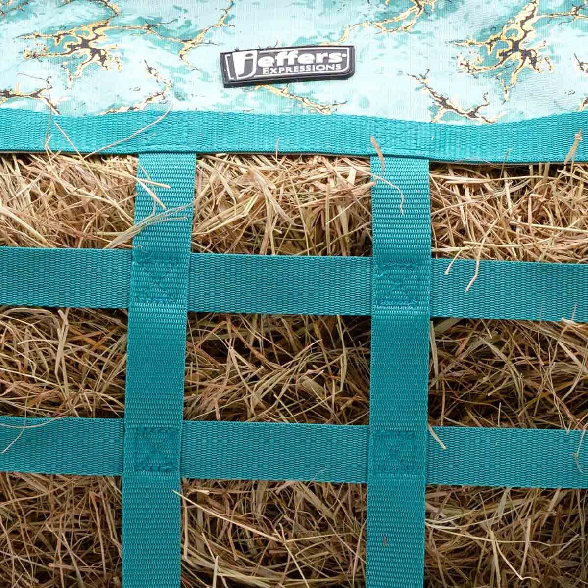 Jeffers Expression Extend-Feed Hay Bag for Horses & Livestock with teal webbing