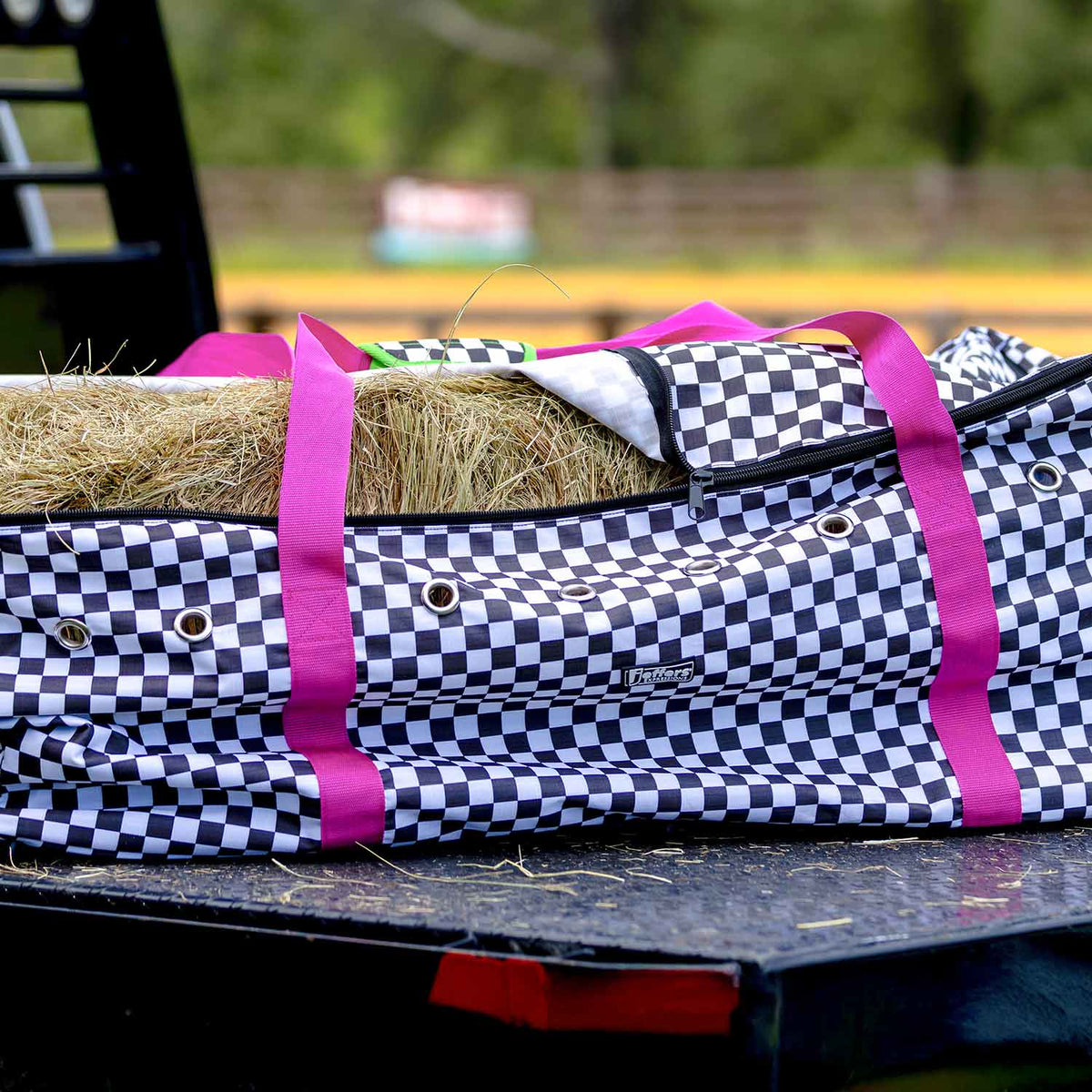 Jeffers Expression Full Hay Bale Tote Bag with pink straps and black-and-white checkered pattern, hay bale inside