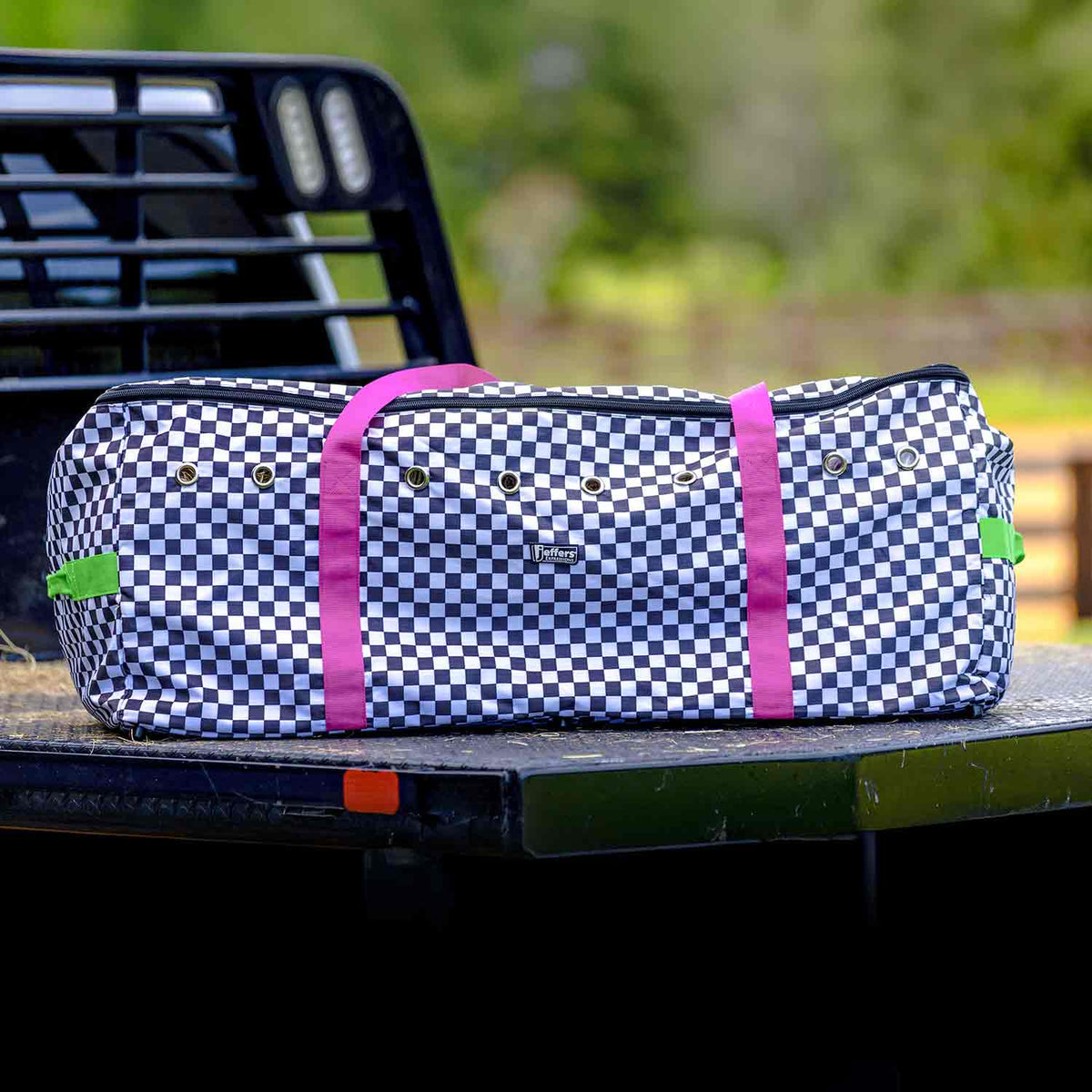 Jeffers Expression Full Hay Bale Tote Bag, black-and-white checkerboard fabric with pink handles