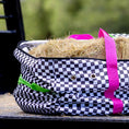 Bild in Galerie-Betrachter laden, Jeffers Expression Full Hay Bale Tote Bag, black-and-white checker pattern with bright pink handles, filled with hay.
