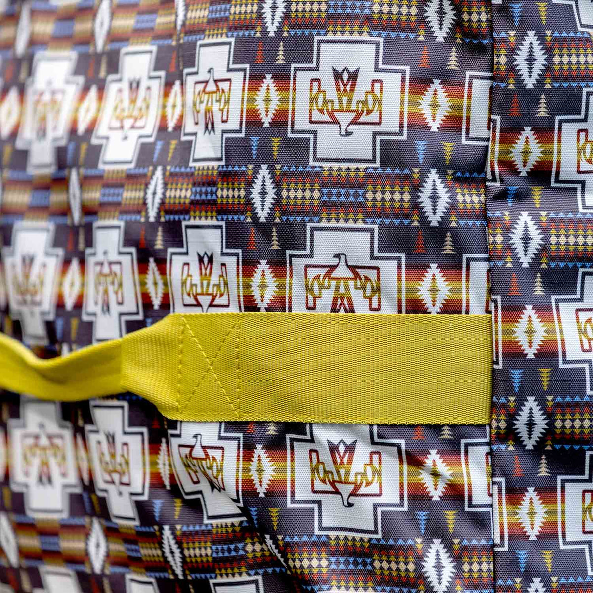 Jeffers Expression Full Hay Bale Tote Bag, colorful geometric print fabric with a bright yellow strap