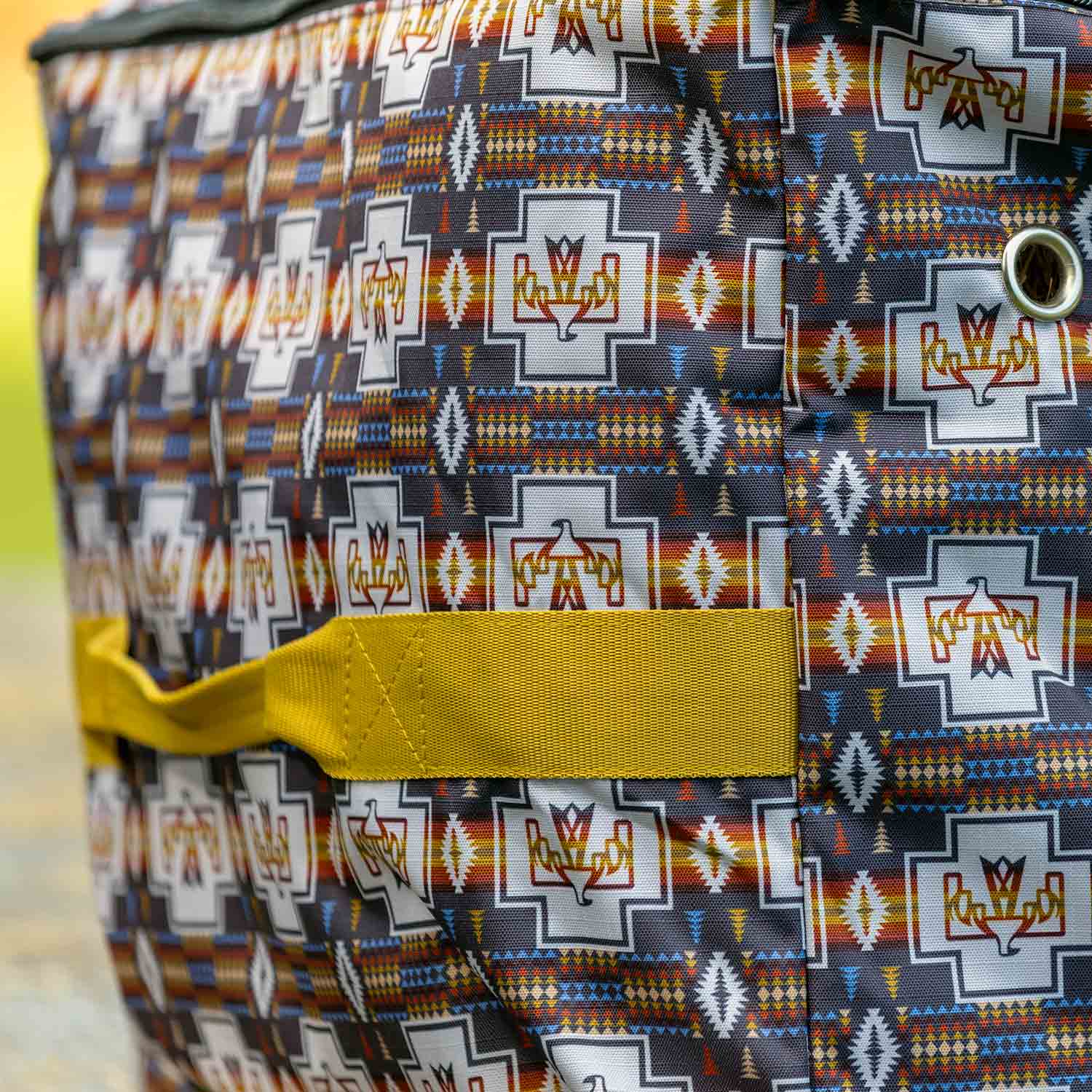 Jeffers Expression Full Hay Bale Tote Bag with colorful geometric print and yellow strap.