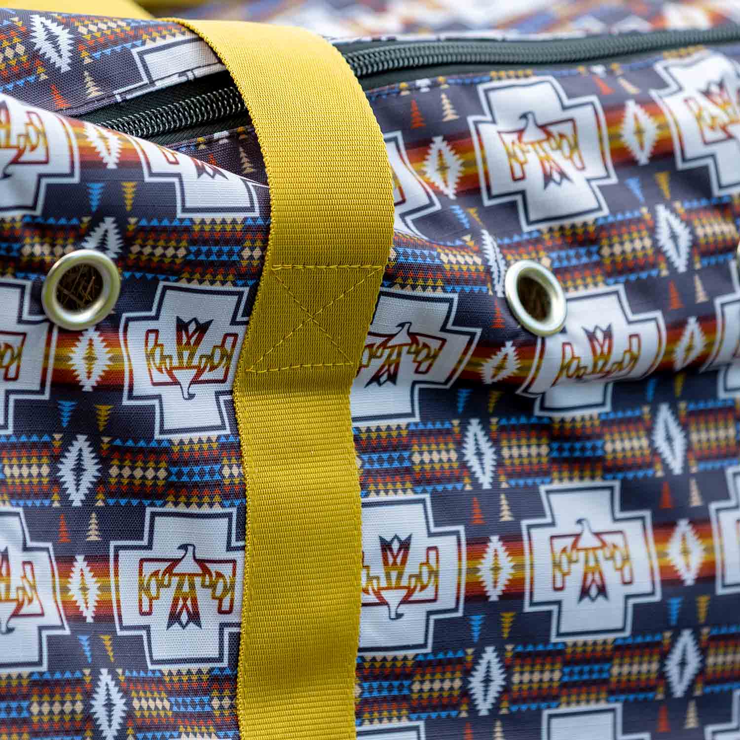 Jeffers Expression Full Hay Bale Tote Bag with bright yellow strap and tribal print fabric