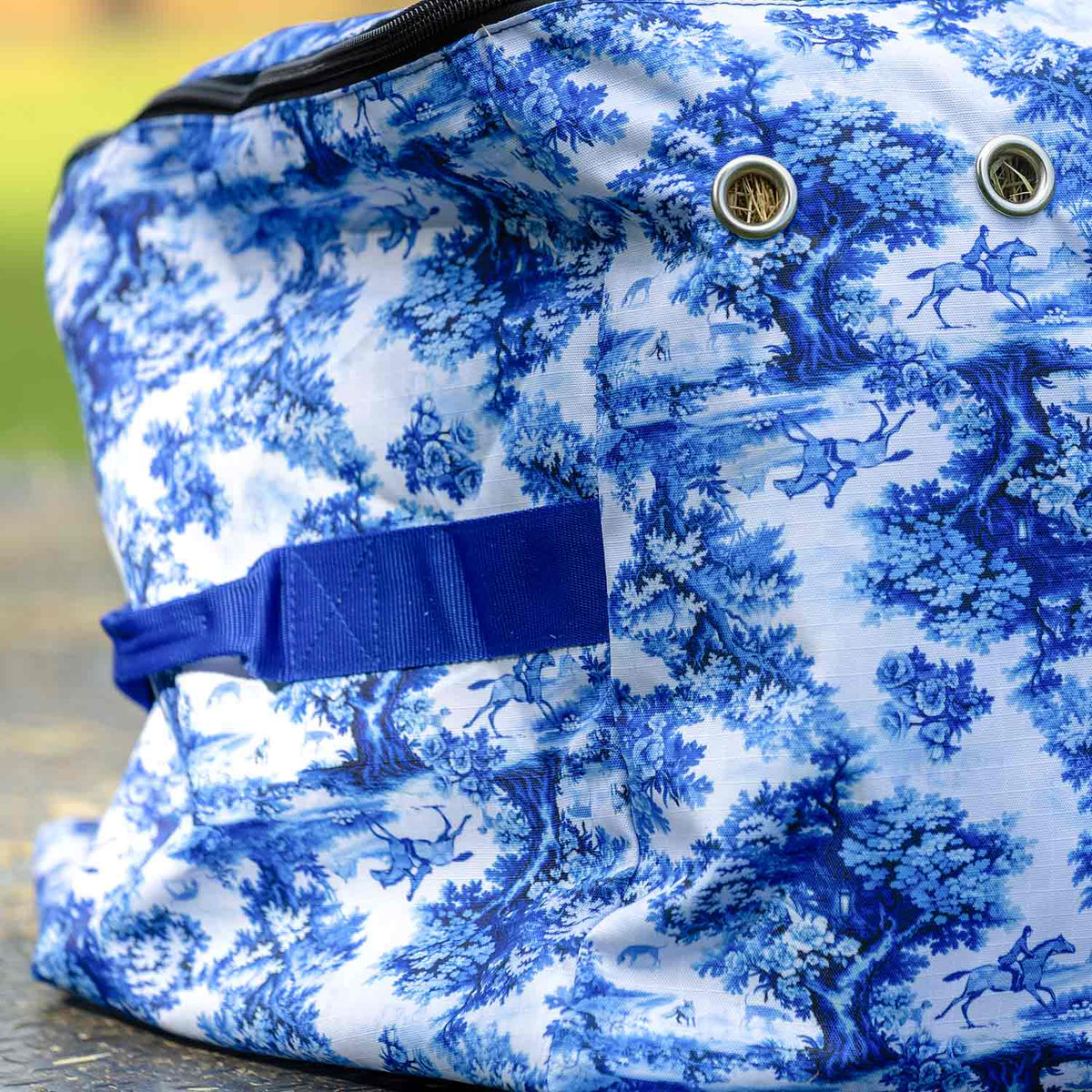 Jeffers Expression Full Hay Bale Tote Bag, blue toile pattern with a blue strap and metal grommets