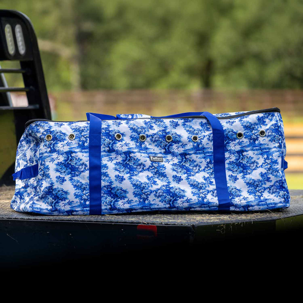 Jeffers Expression Full Hay Bale Tote Bag, blue-and-white print with blue straps and metal grommets