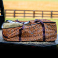 Bild in Galerie-Betrachter laden, Jeffers Expression Full Hay Bale Tote Bag, brown sunflower print with purple handles, hay inside.

