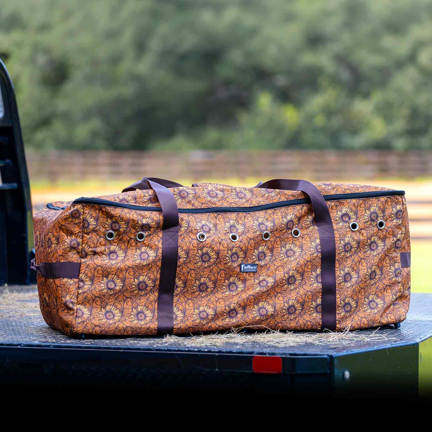 Jeffers Expression Full hay bale tote bag in orange sunflower print with dark purple straps