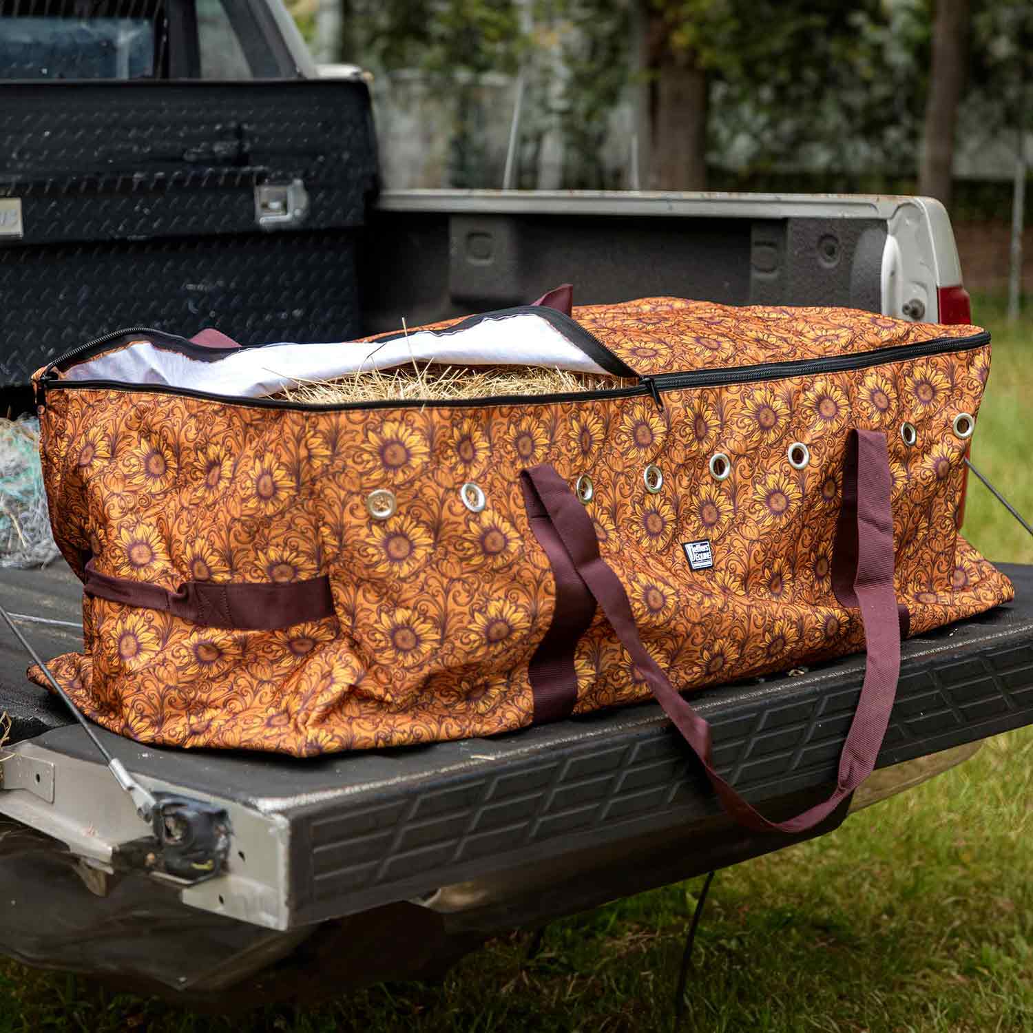 Jeffers Expression Full Hay Bale Tote Bag, orange sunflower print with burgundy handles