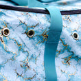 Bild in Galerie-Betrachter laden, Jeffers Expression Full Hay Bale Tote Bag, blue marbled pattern with teal strap and metal grommets.
