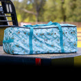 Bild in Galerie-Betrachter laden, Jeffers Expression Full Hay Bale Tote Bag, blue marbled fabric with teal handles, Jeffers brand livestock feeder.

