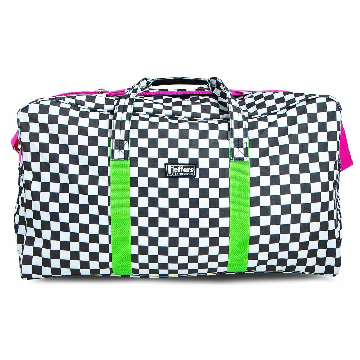 Jeffers Expression Equestrian Nylon Gear Bag duffel; black-and-white checker pattern with neon green straps.