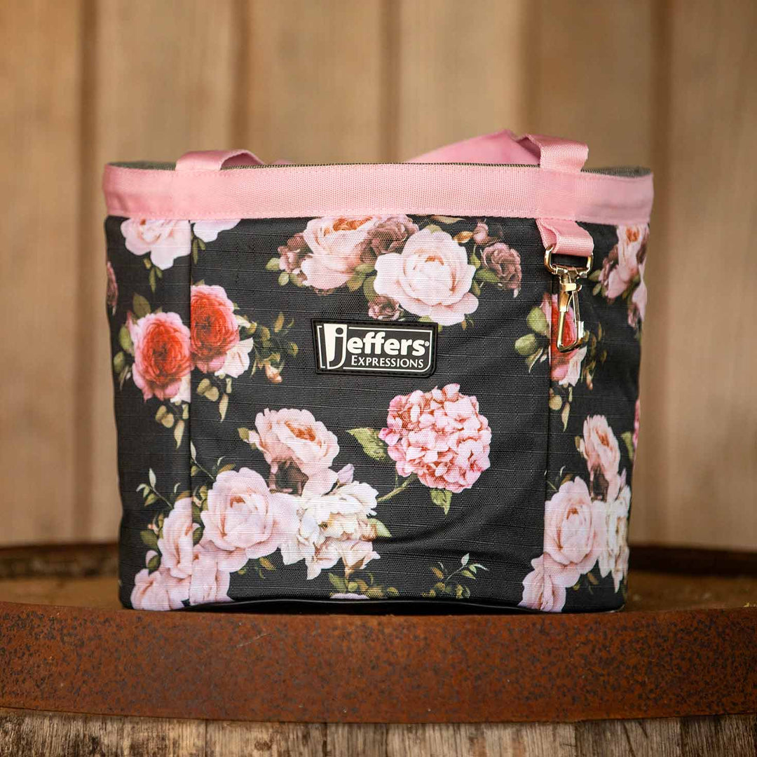 Jeffers Expressions horse grooming tote with pink handles and floral print.