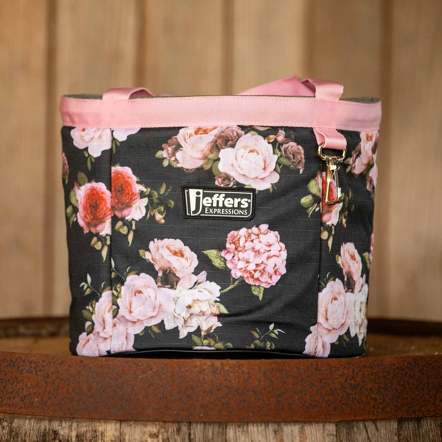 Jeffers Expressions horse grooming tote with pink handles and floral print.