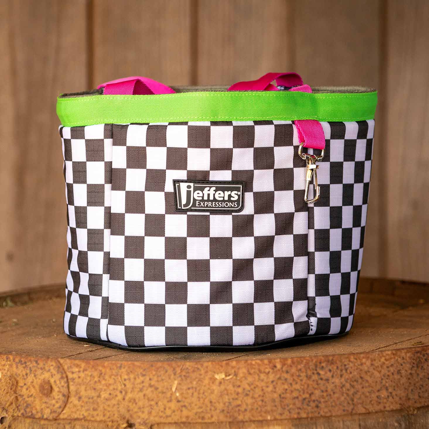 Jeffers Expressions horse grooming tote with black-and-white checker pattern, neon green trim, and pink handles.