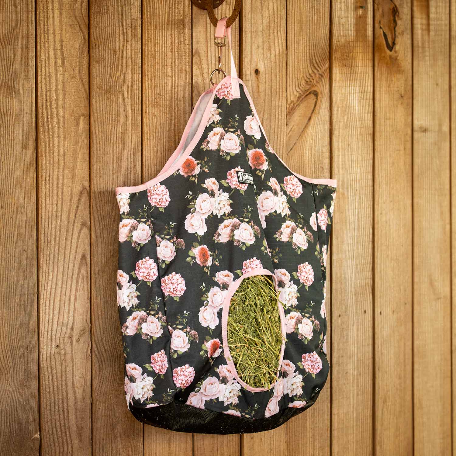 Jeffers Expression top-loading hay bag, 600 Denier, floral pattern with pink trim