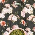 Load image into Gallery viewer, Jeffers Expression top-loading hay bag, 600 Denier, pink trim on floral fabric with hay inside

