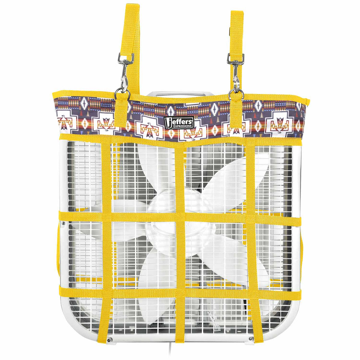 Jeffers Expression Horse Fan Bag with yellow straps and patterned top band encasing a metal mesh fan