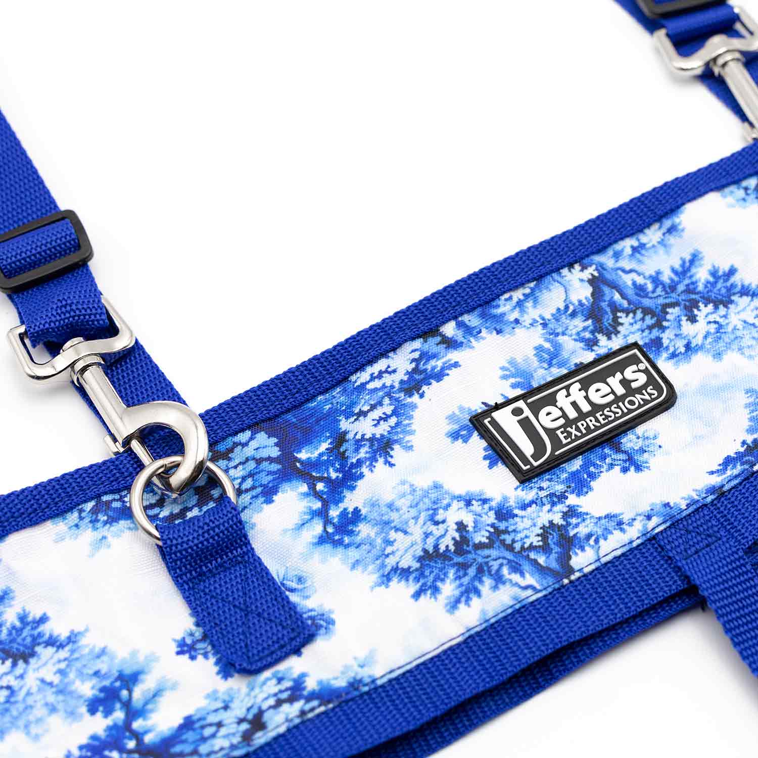 Jeffers Expression Horse Fan Bag with blue webbing straps and blue-white tree-pattern fabric.