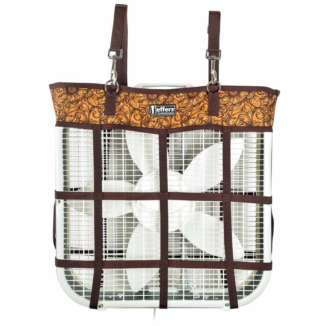 Jeffers Expression Horse Fan Bag with brown decorative top and metal-cage fan