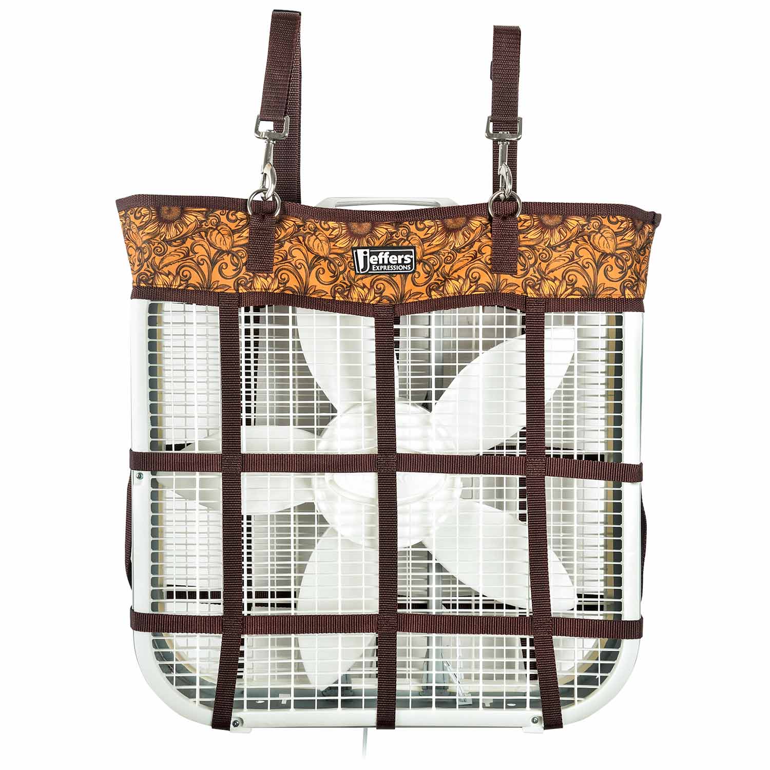 Jeffers Expression Horse Fan Bag with brown decorative top and metal-cage fan
