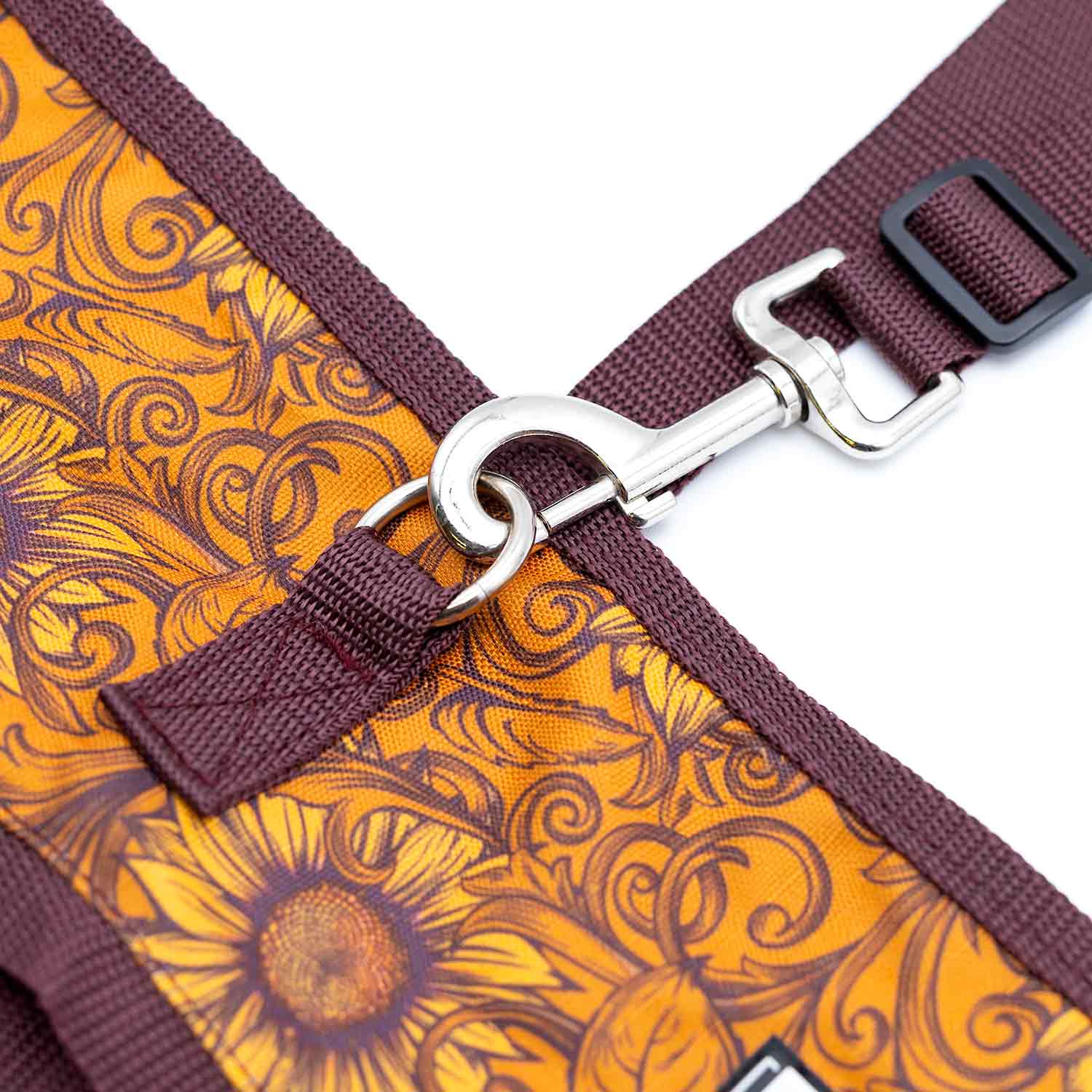 Jeffers Expression Horse Fan Bag with purple trim and orange sunflower-pattern fabric; silver metal hardware.