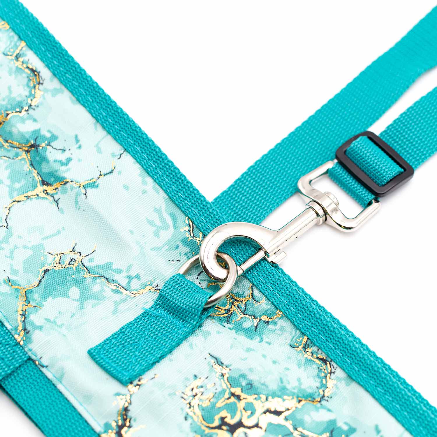 Jeffers Expression Horse Fan Bag with teal straps and turquoise-gold marbled fabric, metal ring and buckle