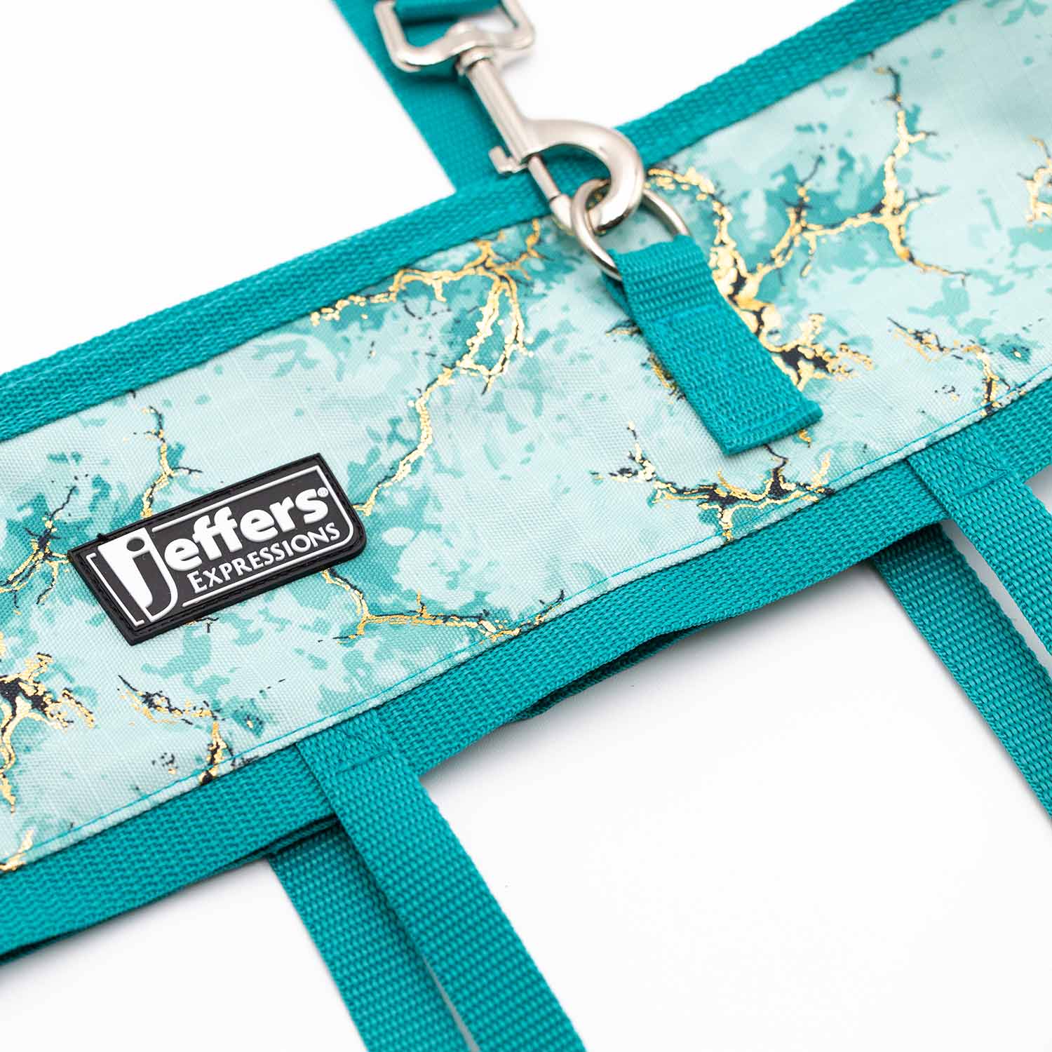 Jeffers Expressions Horse Fan Bag with turquoise fabric, teal straps, and gold marbled accents.