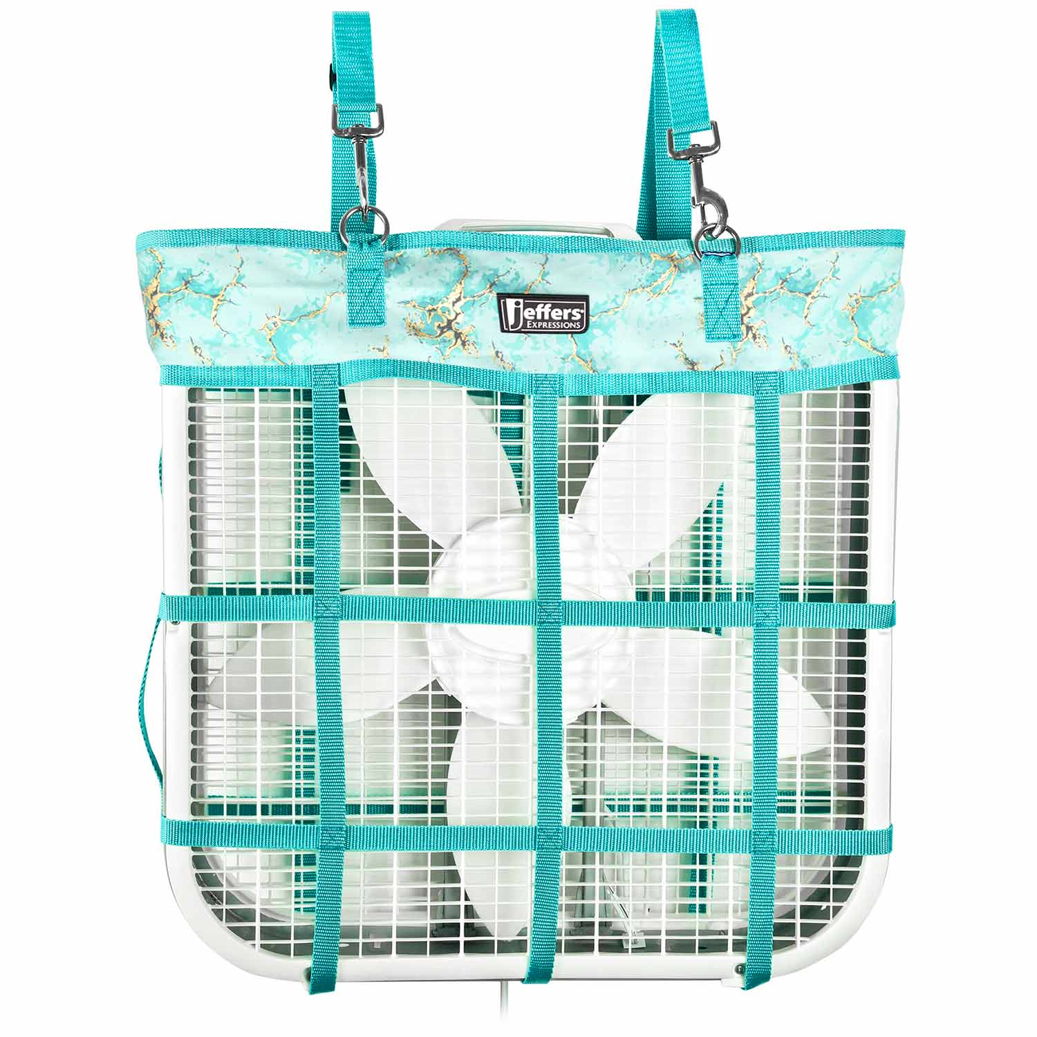 Jeffers Expression Horse Fan Bag with turquoise fabric, teal straps, and metal fan cage