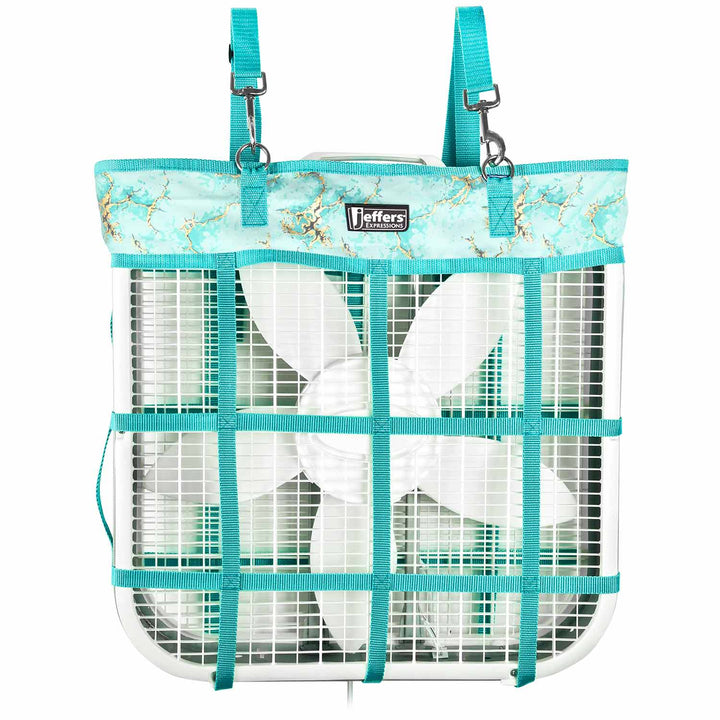 Jeffers Expression Horse Fan Bag with turquoise fabric, teal straps, and metal fan cage