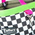 Load image into Gallery viewer, Jeffers Expressions grooming tote bag with black-and-white check and neon green strap
