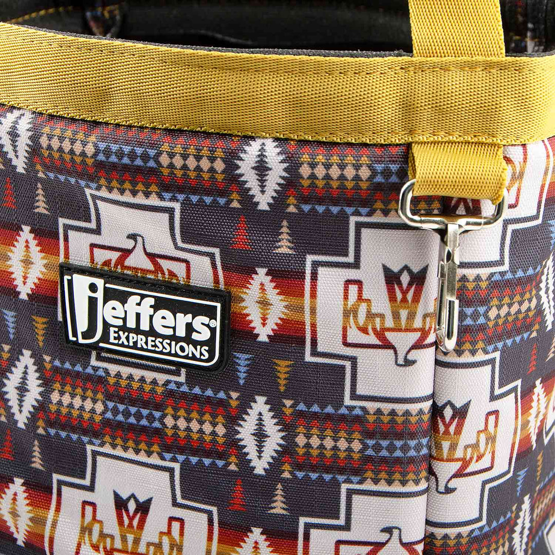 Jeffers Expressions horse grooming tote with yellow strap and geometric print.
