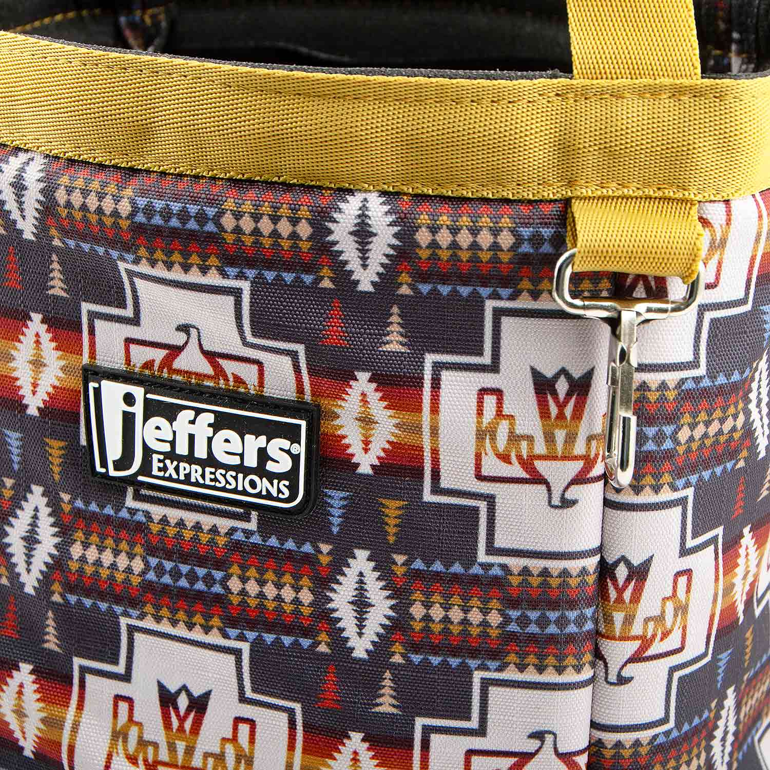 Jeffers Expressions horse grooming tote with yellow strap and geometric print.