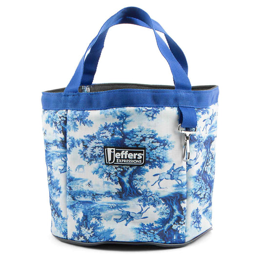Jeffers Expressions horse grooming tote in blue toile pattern with blue webbing handles