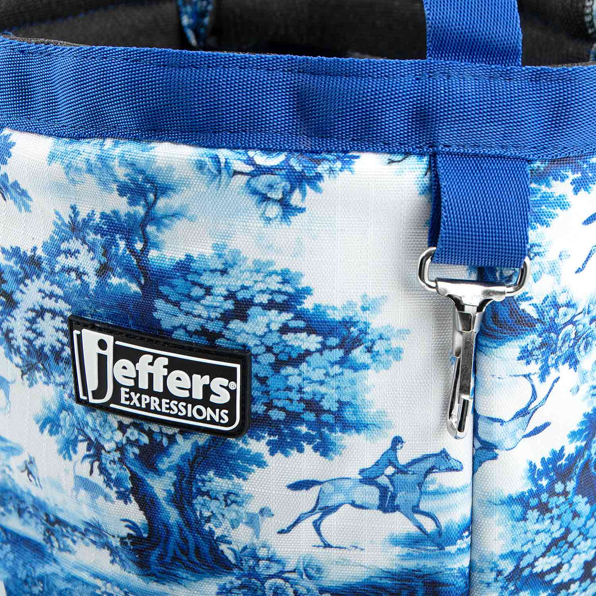 Jeffers Expressions horse grooming tote in blue-and-white pattern with blue handles