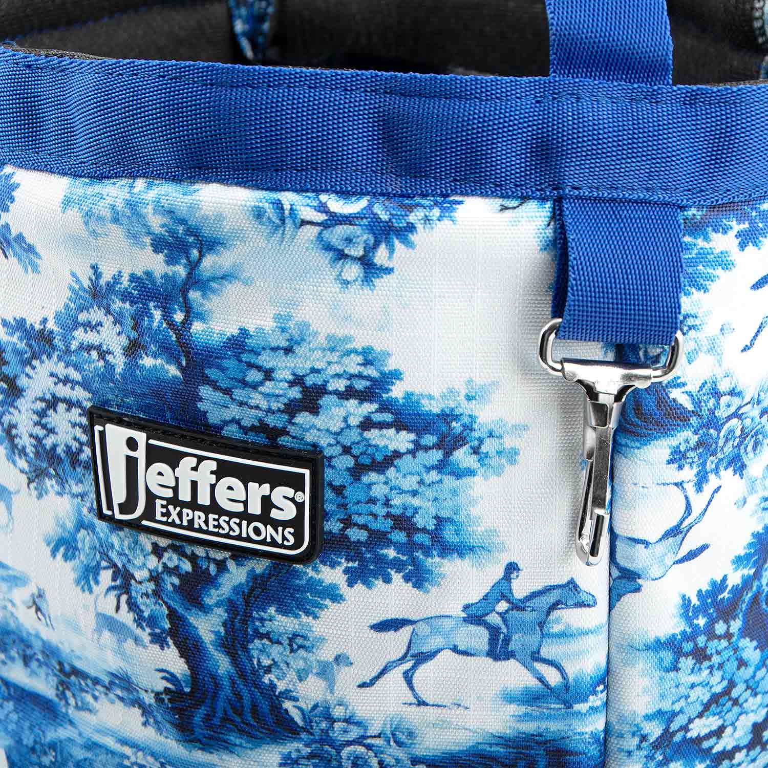 Jeffers Expressions horse grooming tote in blue-and-white pattern with blue handles