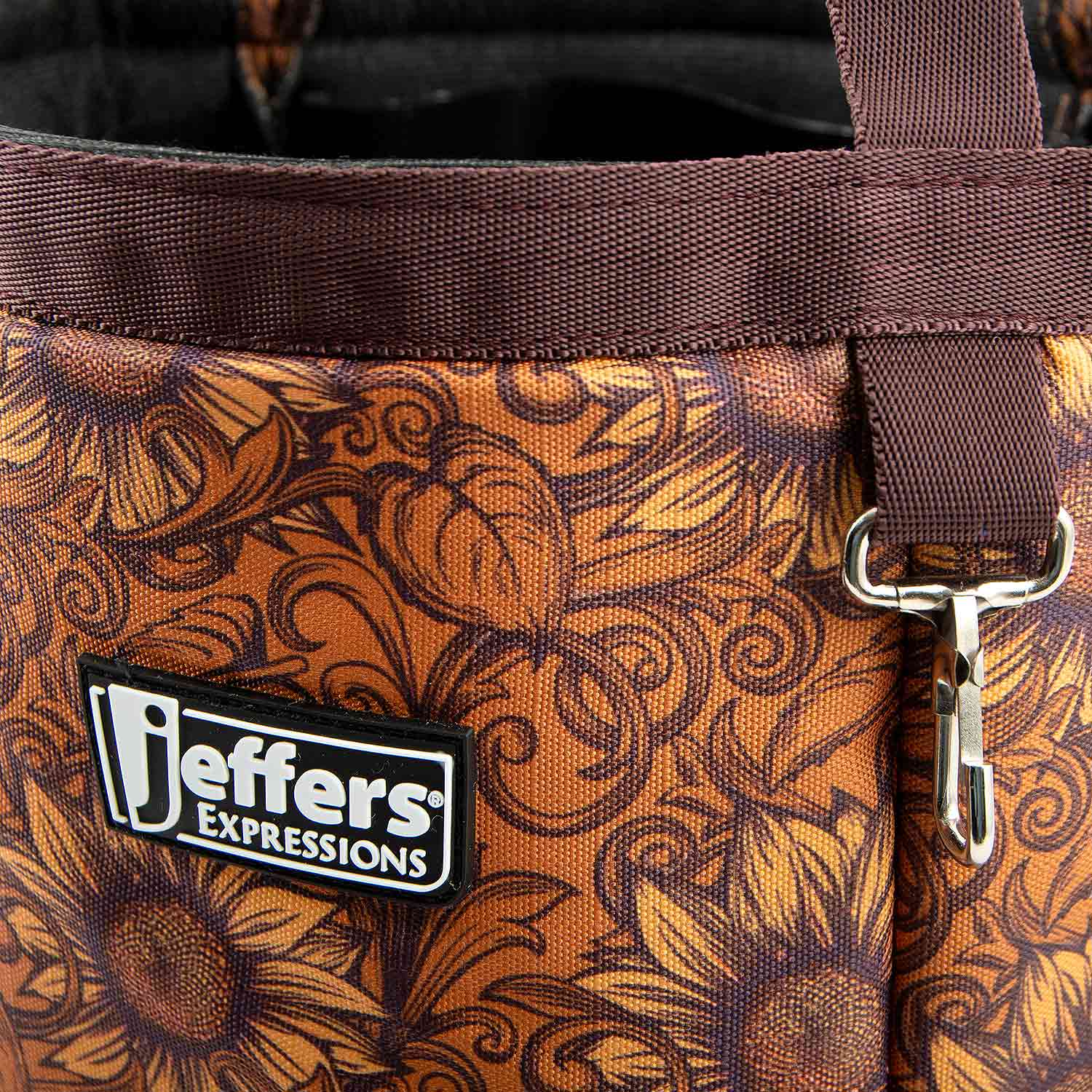 Jeffers Expression Horse Grooming Tote, brown patterned fabric with dark brown strap and metal hardware.