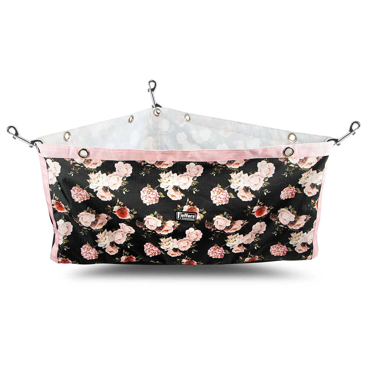 Jeffers Expression Horse Trailer Corner Feeder in floral black fabric with pink trim; hangs in trailer corner.