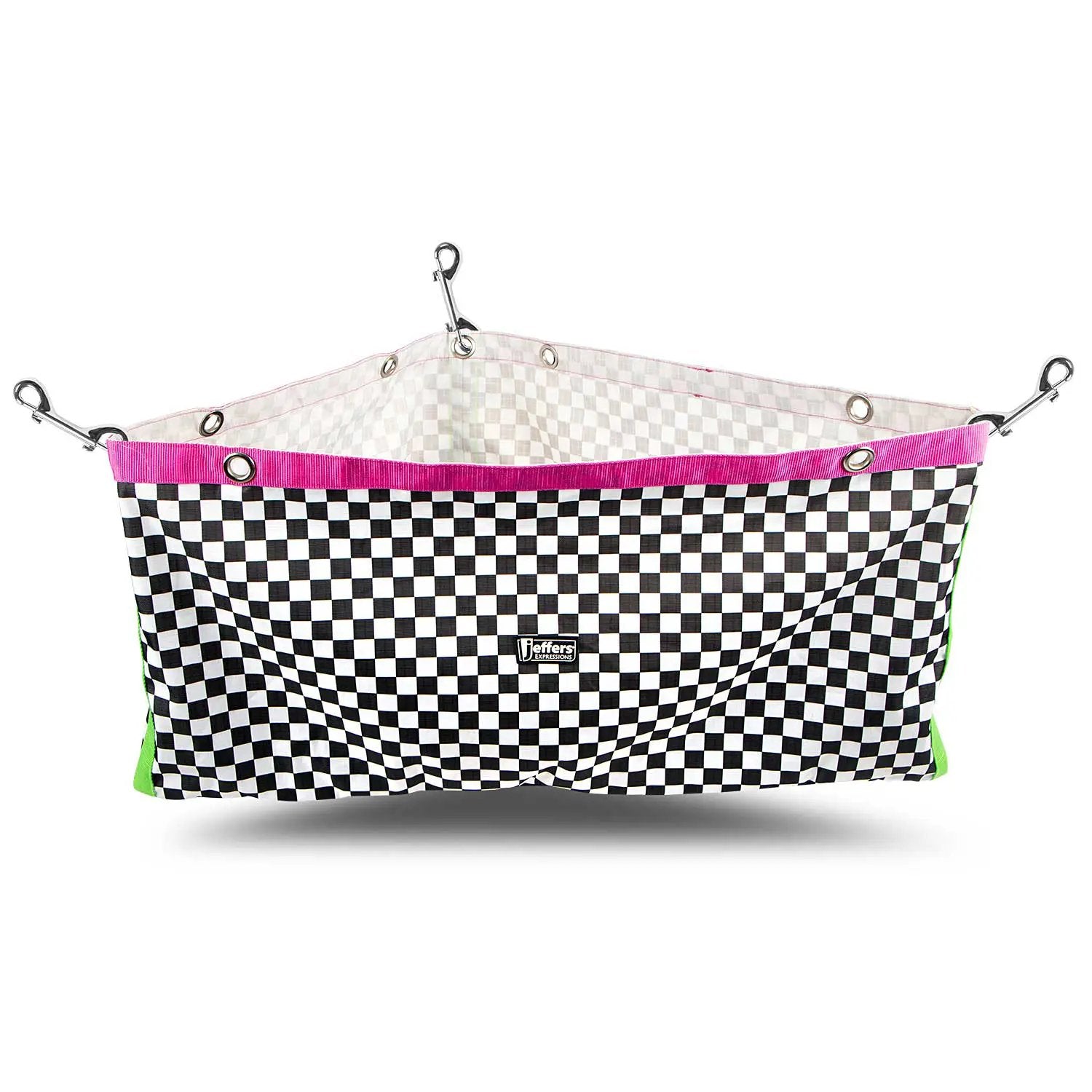 Jeffers Expression Horse Trailer Corner Feeder in black-and-white checker pattern with pink trim and neon green sides.