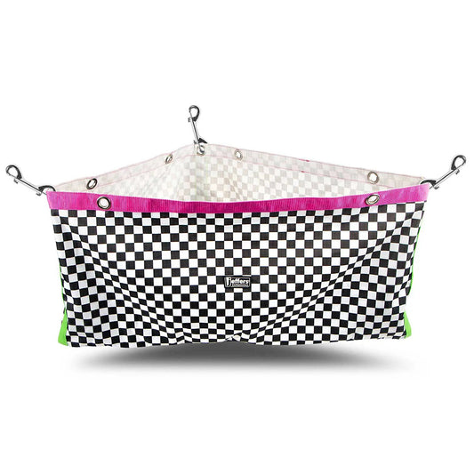 Jeffers Expression Horse Trailer Corner Feeder in black-and-white checker pattern with pink trim and neon green sides.