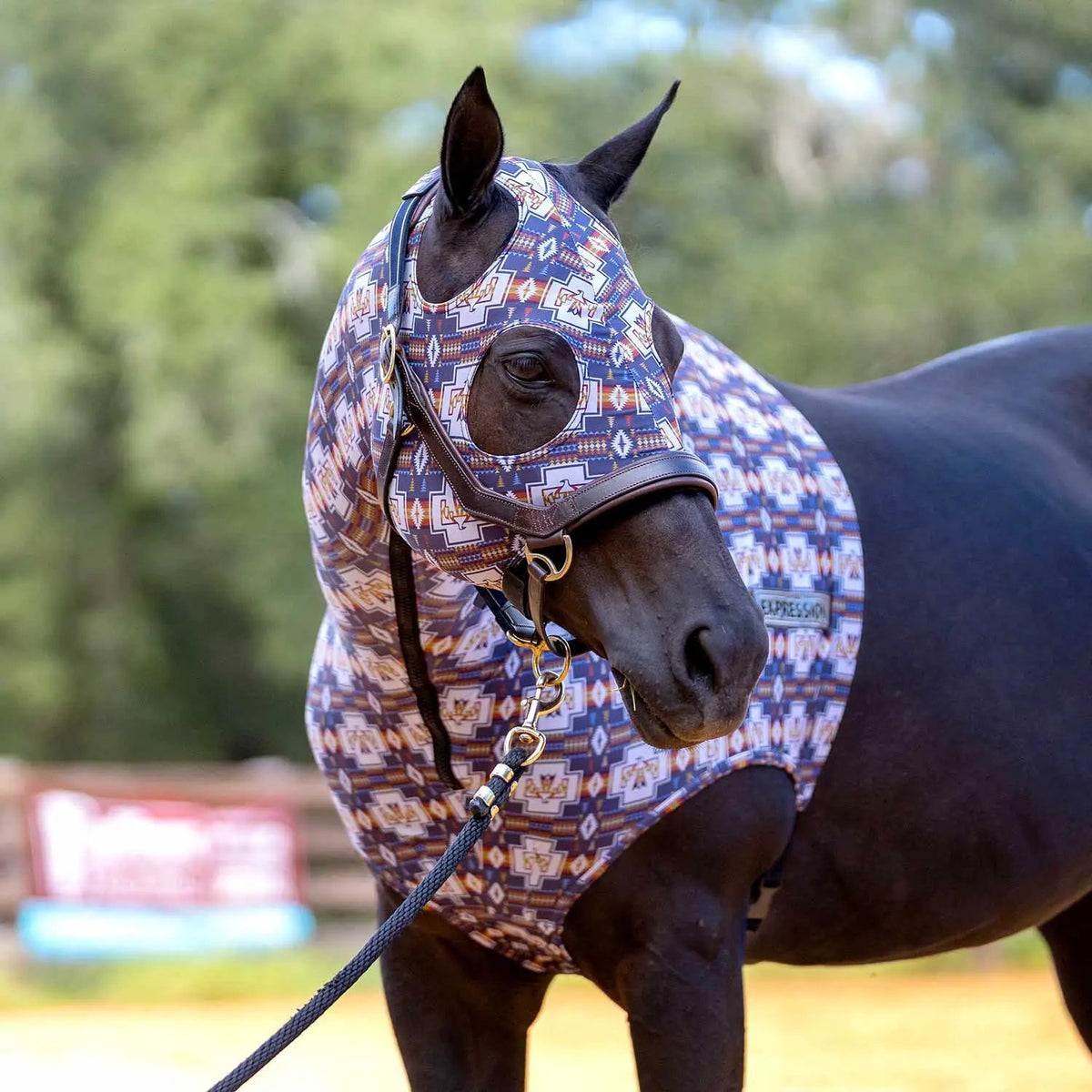 Jeffers Expression Lycra Hood for Horses with blue geometric print fly mask