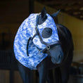 Load image into Gallery viewer, Jeffers Expression Lycra Hood for Horses, blue toile print fly mask with leather straps.
