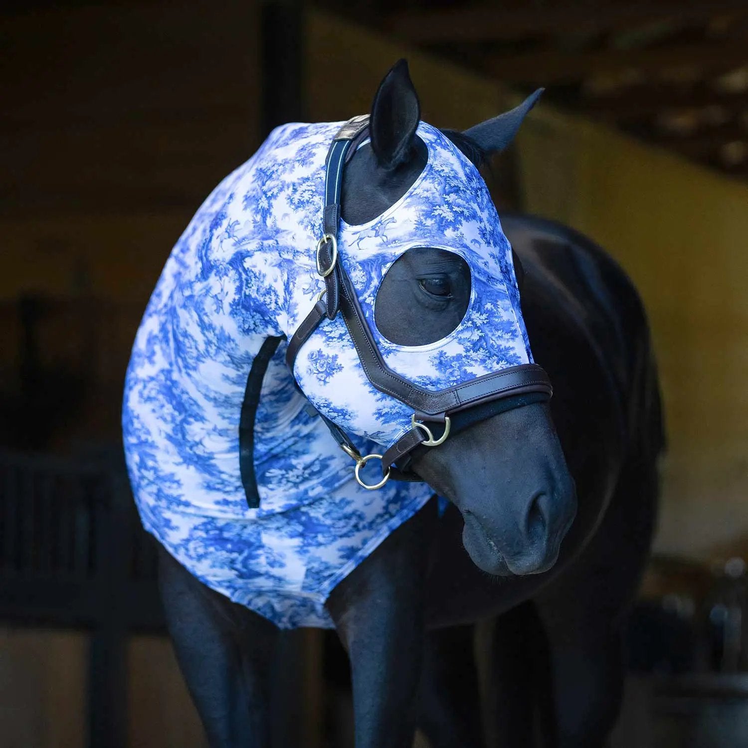 Jeffers Expression Lycra Hood for Horses, blue toile print fly mask with leather straps.